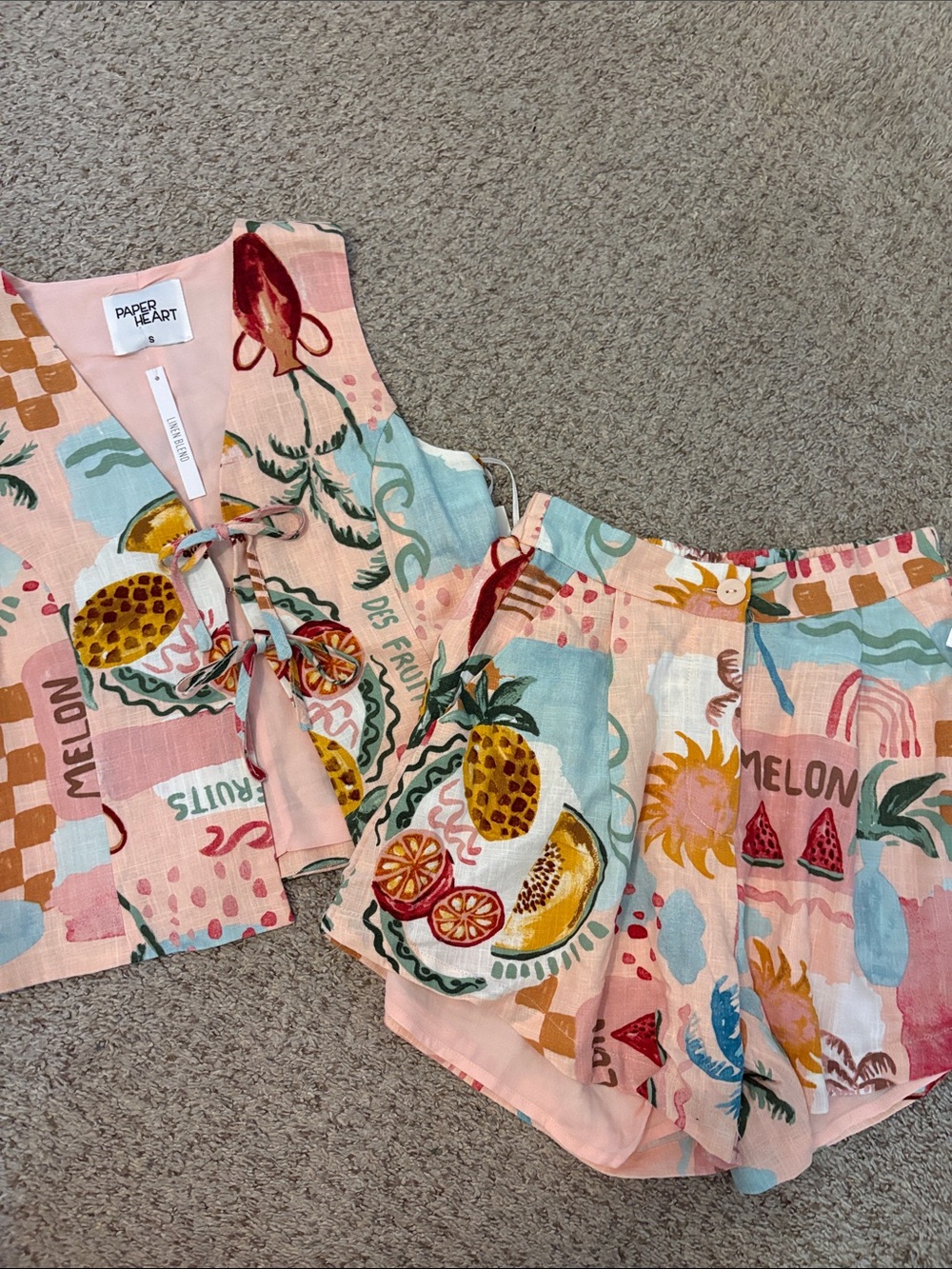 Paper Heart Fruit Print Crop Tie Top & Shorts Set - Pink Multi